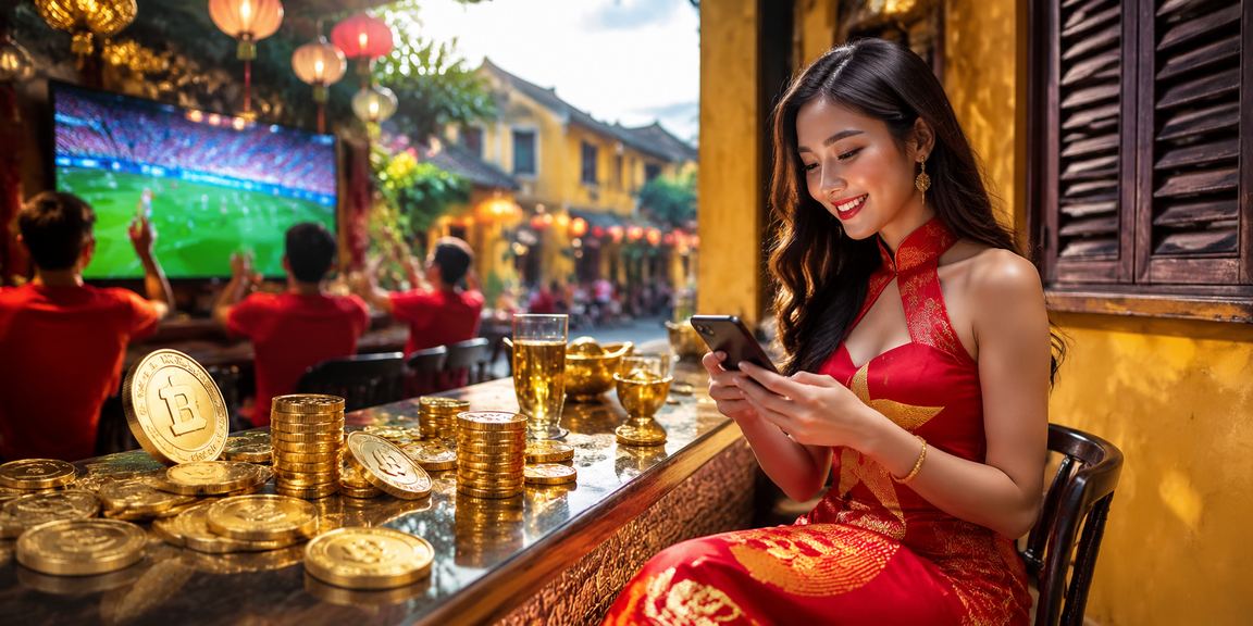 Người dùng theo dõi cá cược thể thao qua điện thoại tại lễ hội Hội An với không khí đêm sôi động